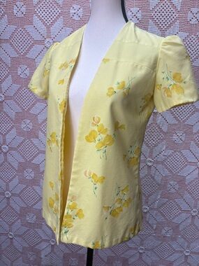 Vintage Yellow Floral Blouse Puff Sleeve Open Front SzSm